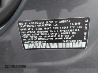 2016 Volkswagen Passat SE z VIN 1VWBT7A36GC007977, wystawiony jako IAAI lot #42433371 z przebiegiem 124 064 mil mil oraz . Historia ofert i sprzedaży dostępna na DreamBid. Obrazek 9.