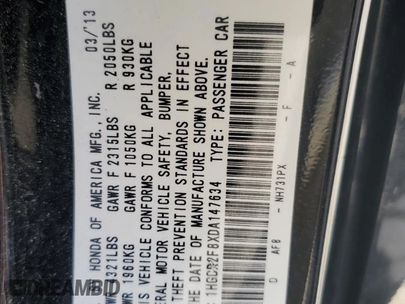 2013 Honda Accord Sdn EX-L with VIN 1HGCR2F8XDA147634, listed as a Copart auction lot 53795115 with 229,754 mi miles and Salvage Title. Bid and sale history available at carsss.com. Image 12.