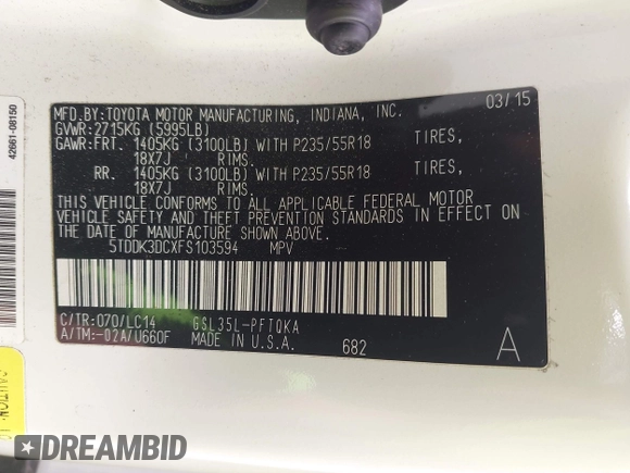 2015 Toyota Sienna Limited with VIN 5TDDK3DCXFS103594, listed as a IAAI auction lot 42515466 with 96,684 mi miles and . Bid and sale history available at DreamBid. Image 9.
