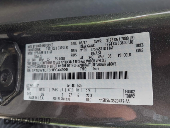 2017 Ford F-150 XL with VIN 1FTEW1EF3HFC44905, listed as a IAAI auction lot 41911628 with 66,413 mi miles. Bid and sale history available at carsss.com. Image 9.