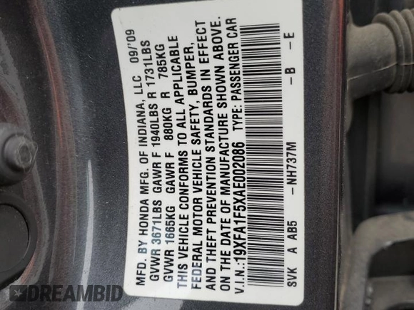 2010 Honda Civic LX with VIN 19XFA1F5XAE002086, listed as a Copart auction lot 51390825 with 109,150 mi miles and Salvage Title. Bid and sale history available at DreamBid. Image 13.
