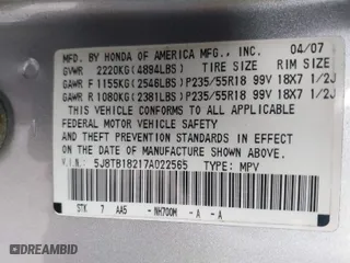 2007 Acura RDX with VIN 5J8TB18217A022565, listed as a IAAI auction lot 41900997 with 1 mi miles. Bid and sale history available at carsss.com. Image 9.