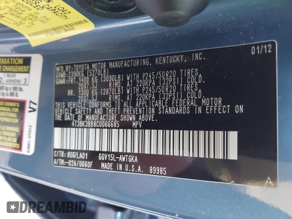 2012 Toyota Venza LE with VIN 4T3BK3BB8CU066685, listed as a IAAI auction lot 41666956 with 72,763 mi miles and . Bid and sale history available at DreamBid. Image 9.