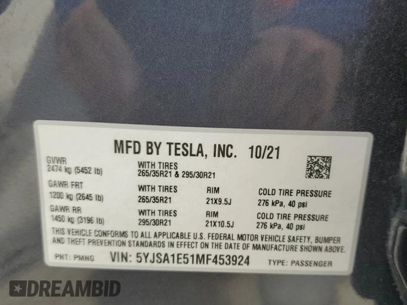 2021 Tesla Model S Long Range with VIN 5YJSA1E51MF453924, listed as a Copart auction lot 53486495 with 48,599 mi miles and Salvage title. Bid and sale history available at DreamBid. Image 14.