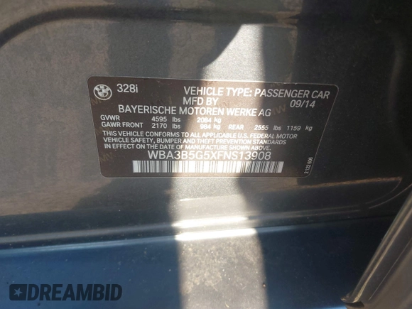 2015 BMW 3 Series 328i xDrive with VIN WBA3B5G5XFNS13908, listed as a IAAI auction lot 41638788 with 54,584 mi miles. Bid and sale history available at carsss.com. Image 9.
