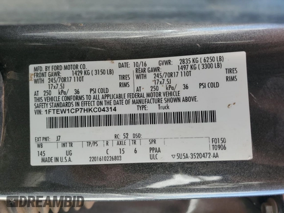 2017 Ford F-150 XL с VIN 1FTEW1CP7HKC04314, выставлен на аукционе Copart как лот 54002185 с пробегом Не указан миль и Чистый • Clean title. История ставок и продаж доступна на DreamBid. Изображение 12.