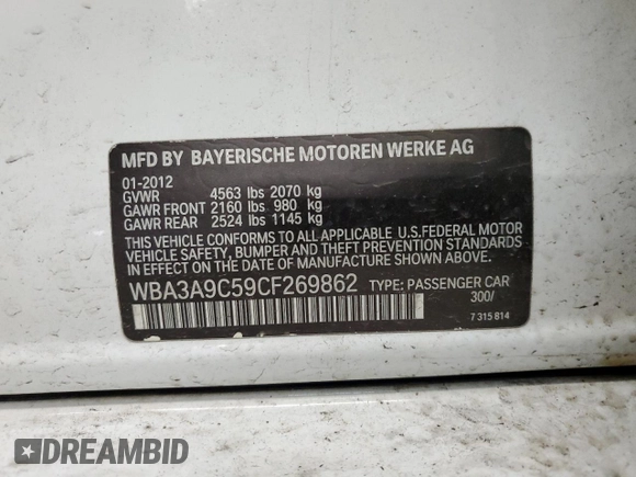 2012 BMW 3 Series 335i with VIN WBA3A9C59CF269862, listed as a Copart auction lot 87835715 with Not provided miles and Salvage title. Bid and sale history available at DreamBid. Image 15.