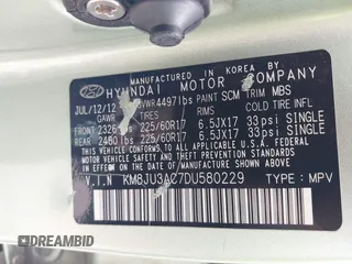 2013 Hyundai Tucson GLS with VIN KM8JU3AC7DU580229, listed as a IAAI auction lot 42127349 with 204,975 mi miles. Bid and sale history available at carsss.com. Image 9.