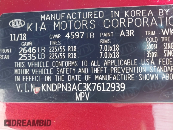 2019 Kia Sportage EX with VIN KNDPN3AC3K7612939, listed as a IAAI auction lot 42233897 with 79,677 mi miles and . Bid and sale history available at DreamBid. Image 9.