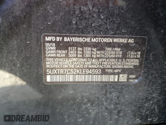 2019 BMW X3 sDrive30i with VIN 5UXTR7C52KLE94593, listed as a Copart auction lot 48560335 with 70,809 mi miles and Salvage Title. Bid and sale history available at DreamBid. Image 12.