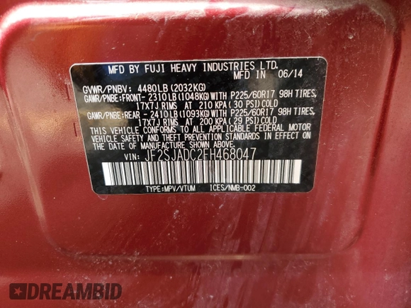 2015 Subaru Forester 2.5i Premium with VIN JF2SJADC2FH468047, listed as a Copart auction lot 52712235 with 105,316 mi miles and Clean Title. Bid and sale history available at carsss.com. Image 13.