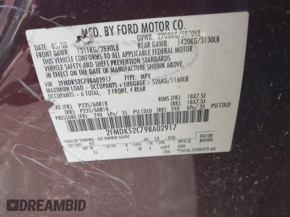 2009 Ford Flex SEL z VIN 2FMDK52C79BA02917, wystawiony jako IAAI lot #42314355 z przebiegiem 209 176 mil mil oraz . Historia ofert i sprzedaży dostępna na DreamBid. Obrazek 9.