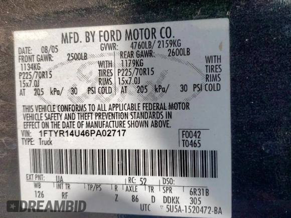 2006 Ford Ranger XL with VIN 1FTYR14U46PA02717, listed as a Copart auction lot 57363645 with 153,976 mi miles and Clean title. Bid and sale history available at DreamBid. Image 12.