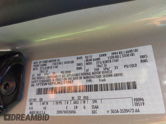 2018 Ford F-150 XL with VIN 1FTEW1EP5JKC51067, listed as a IAAI auction lot 41769747 with 1 mi miles. Bid and sale history available at carsss.com. Image 9.