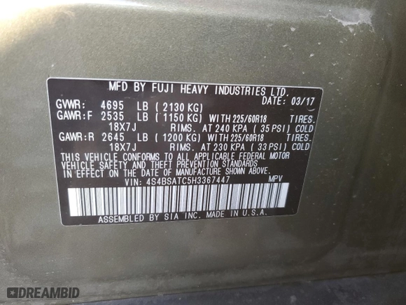 2017 Subaru Outback Touring with VIN 4S4BSATC5H3367447, listed as a Copart auction lot 49508725 with 80,477 mi miles and Salvage Title. Bid and sale history available at carsss.com. Image 14.