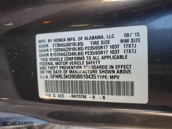 2016 Honda Odyssey SE with VIN 5FNRL5H39GB010435, listed as a Copart auction lot 48032595 with 141,955 mi miles and Salvage Title. Bid and sale history available at carsss.com. Image 15.