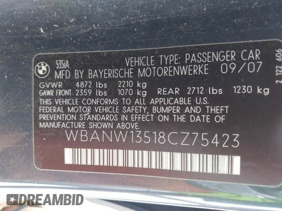 2008 BMW 5 Series 535i with VIN WBANW13518CZ75423, listed as a IAAI auction lot 41912376 with Not Provided miles and . Bid and sale history available at carsss.com. Image 9.
