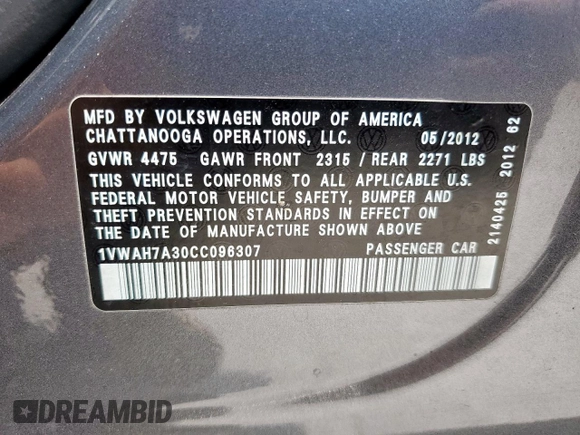 2012 Volkswagen Passat S with VIN 1VWAH7A30CC096307, listed as a Copart auction lot 63199545 with 120,348 mi miles and Salvage title. Bid and sale history available at DreamBid. Image 12.