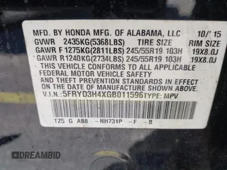 2016 Acura MDX w/Tech with VIN 5FRYD3H4XGB011596, listed as a IAAI auction lot 41692631 with 43,615 mi miles. Bid and sale history available at carsss.com. Image 9.