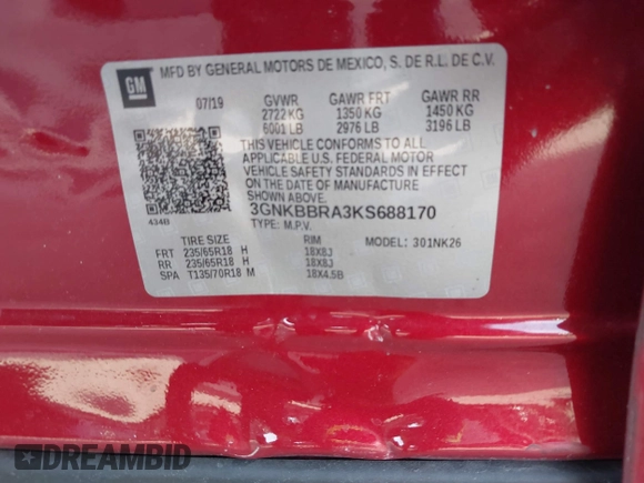 2019 Chevrolet Blazer z VIN 3GNKBBRA3KS688170, wystawiony jako IAAI lot #41192503 z przebiegiem 48 022 mil mil oraz . Historia ofert i sprzedaży dostępna na DreamBid. Obrazek 9.