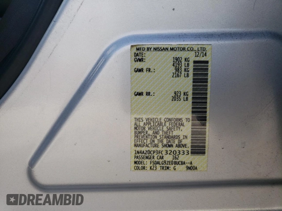 2015 Nissan LEAF SV with VIN 1N4AZ0CP3FC320333, listed as a Copart auction lot 62430113 with 54,127 mi miles. Bid and sale history available at carsss.com. Image 12.