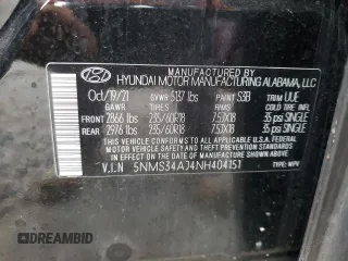 2022 Hyundai Santa Fe SEL with VIN 5NMS34AJ4NH404151, listed as a Copart auction lot 51321385 with 27,754 mi miles and Salvage Title. Bid and sale history available at DreamBid. Image 15.