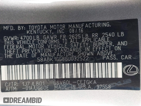 2016 Lexus ES with VIN 58ABK1GG8GU032522, listed as a IAAI auction lot 41666584 with 60,416 mi miles and . Bid and sale history available at carsss.com. Image 9.