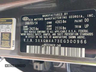 2014 Kia Optima LX with VIN 5XXGM4A73EG300966, listed as a IAAI auction lot 42048798 with 110,478 mi miles. Bid and sale history available at carsss.com. Image 9.