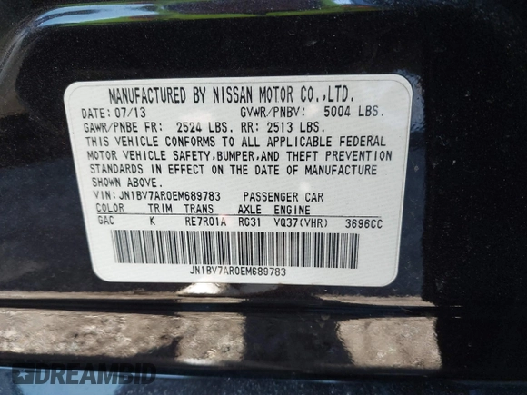 2014 Infiniti Q50 Premium with VIN JN1BV7AR0EM689783, listed as a IAAI auction lot 41661020 with 124,762 mi miles. Bid and sale history available at carsss.com. Image 9.