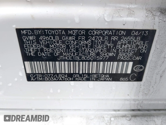 2013 Lexus GS with VIN JTHCE1BL8D5015977, listed as a IAAI auction lot 41740814 with 168,084 mi miles. Bid and sale history available at carsss.com. Image 9.