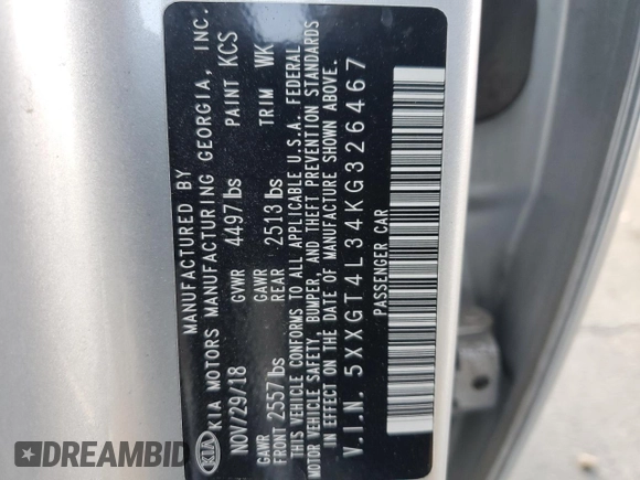 2019 Kia Optima LX with VIN 5XXGT4L34KG326467, listed as a Copart auction lot 60603525 with 59,201 mi miles and Salvage title. Bid and sale history available at DreamBid. Image 12.