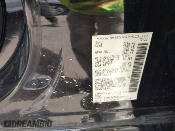2013 Nissan Titan S with VIN 1N6AA0EC5DN304015, listed as a IAAI auction lot 41828891 with 136,279 mi miles and . Bid and sale history available at DreamBid. Image 9.