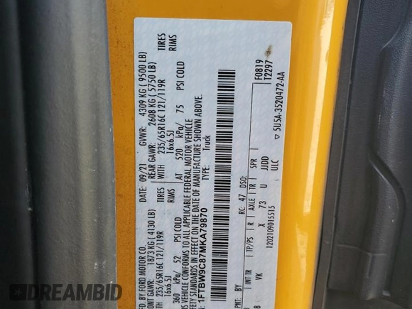 2021 Ford Transit Cargo with VIN 1FTBW9C87MKA79870, listed as a Copart auction lot 86796564 with 54,831 mi miles and Salvage Title. Bid and sale history available at DreamBid. Image 13.