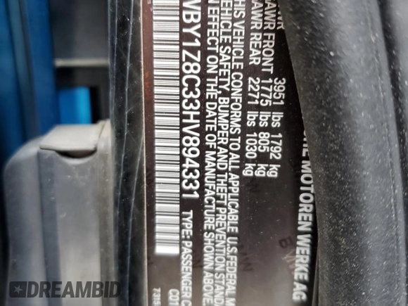 2017 BMW i3 z VIN WBY1Z8C33HV894331, wystawiony jako Copart lot #56487745 z przebiegiem 90 169 mil mil oraz Szkody całkowita. Historia ofert i sprzedaży dostępna na DreamBid. Obrazek 12.