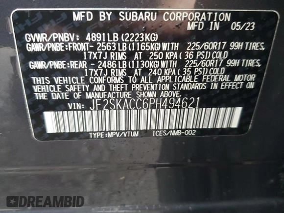 2023 Subaru Forester with VIN JF2SKACC6PH494621, listed as a Copart auction lot 52293545 with 24,750 mi miles and Salvage title. Bid and sale history available at DreamBid. Image 13.