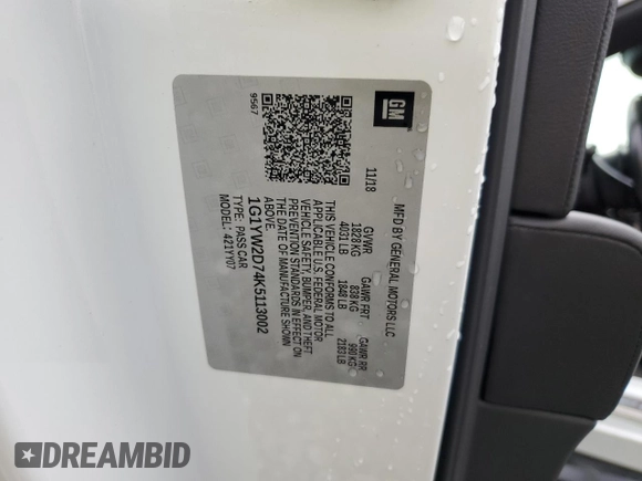 2019 Chevrolet Corvette Grand Sport 1LT with VIN 1G1YW2D74K5113002, listed as a Copart auction lot 63511015 with Not provided miles and Salvage title. Bid and sale history available at DreamBid. Image 12.