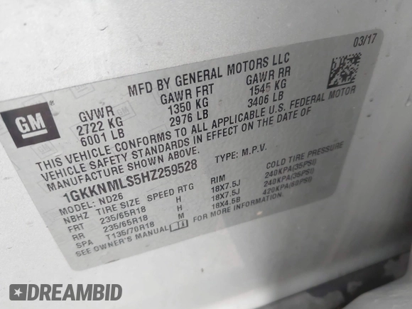 2017 GMC Acadia SLT with VIN 1GKKNMLS5HZ259528, listed as a IAAI auction lot 42333724 with 147,215 mi miles and . Bid and sale history available at DreamBid. Image 9.