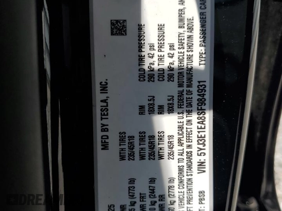 2025 Tesla Model 3 Long Range with VIN 5YJ3E1EA8SF984931, listed as a Copart auction lot 61259345 with 2,248 mi miles and Salvage title. Bid and sale history available at DreamBid. Image 12.