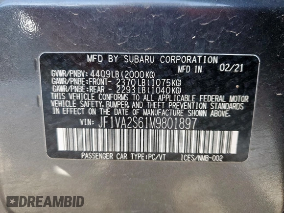 2021 Subaru WRX STI with VIN JF1VA2S61M9801897, listed as a Copart auction lot 50083155 with 45,581 mi miles and Salvage Title. Bid and sale history available at carsss.com. Image 15.