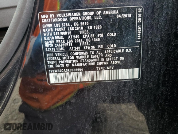 2019 Volkswagen Atlas 3.6L V6 SE w/Technology with VIN 1V2WR2CA3KC558604, listed as a Copart auction lot 49877085 with 68,973 mi miles and Salvage Title. Bid and sale history available at carsss.com. Image 13.