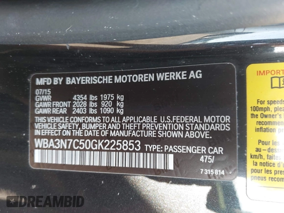 2016 BMW 4 Series 428i with VIN WBA3N7C50GK225853, listed as a IAAI auction lot 42192972 with 109,269 mi miles and . Bid and sale history available at carsss.com. Image 9.