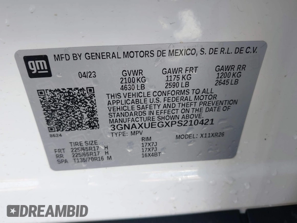 2023 Chevrolet Equinox LT with VIN 3GNAXUEGXPS210421, listed as a IAAI auction lot 41789846 with 36,841 mi miles and . Bid and sale history available at DreamBid. Image 9.