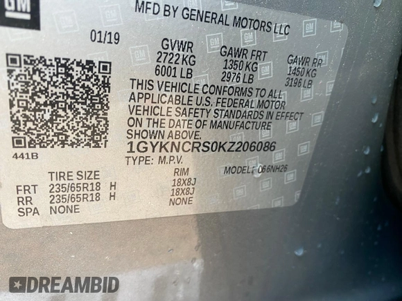 2019 Cadillac XT5 Luxury FWD with VIN 1GYKNCRS0KZ206086, listed as a Copart auction lot 54454825 with 93,621 mi miles and Salvage Title. Bid and sale history available at DreamBid. Image 10.