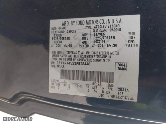 2003 Ford Ranger XL with VIN 1FTYR14V23PB28448, listed as a IAAI auction lot 41935724 with 297,326 mi miles. Bid and sale history available at carsss.com. Image 9.