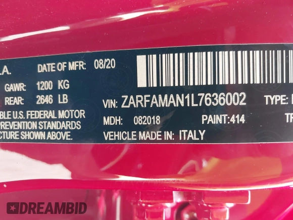 2020 Alfa Romeo Giulia with VIN ZARFAMAN1L7636002, listed as a IAAI auction lot 42121135 with 55,510 mi miles. Bid and sale history available at carsss.com. Image 9.