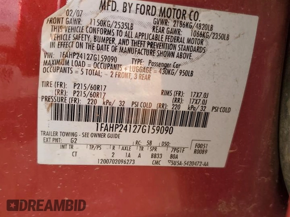 2007 Ford Five Hundred SEL with VIN 1FAHP24127G159090, listed as a Copart auction lot 77440244 with 0 mi miles and Salvage Title. Bid and sale history available at carsss.com. Image 12.