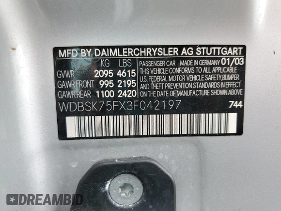 2003 Mercedes-Benz SL 500 with VIN WDBSK75FX3F042197, listed as a Copart auction lot 59703925 with Not provided miles and Clean title. Bid and sale history available at DreamBid. Image 12.