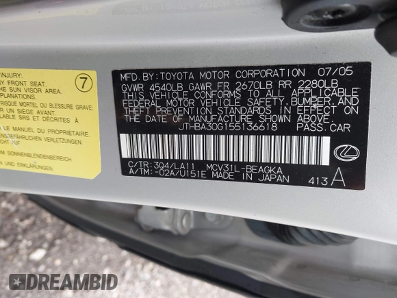 2005 Lexus ES 350 with VIN JTHBA30G155136618, listed as a IAAI auction lot 42268707 with 173,304 mi miles and . Bid and sale history available at DreamBid. Image 9.