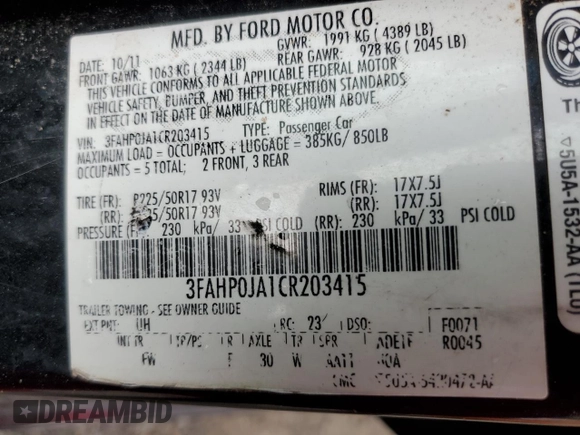 2012 Ford Fusion SEL with VIN 3FAHP0JA1CR203415, listed as a Copart auction lot 41707235 with 326,401 mi miles and Salvage Title. Bid and sale history available at carsss.com. Image 12.