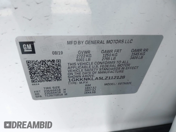 2020 GMC Acadia SLE with VIN 1GKKNKLA5LZ112128, listed as a IAAI auction lot 41472963 with 72,502 mi miles and . Bid and sale history available at carsss.com. Image 9.